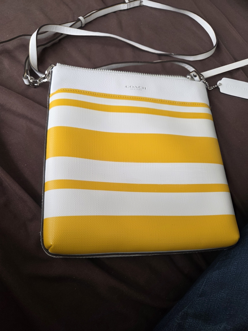 Coach White and Yellow Striped Crossbody Bag
